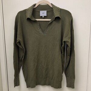 Liv Milano V-Neck Olive Sweater with Rhinestone Details Size Large